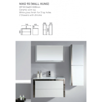 ECT NIKO 90 (WALL HUNG) Ceramic Slim Top White Gloss Finish 1/3 tap holes 2 Drawers with chrome